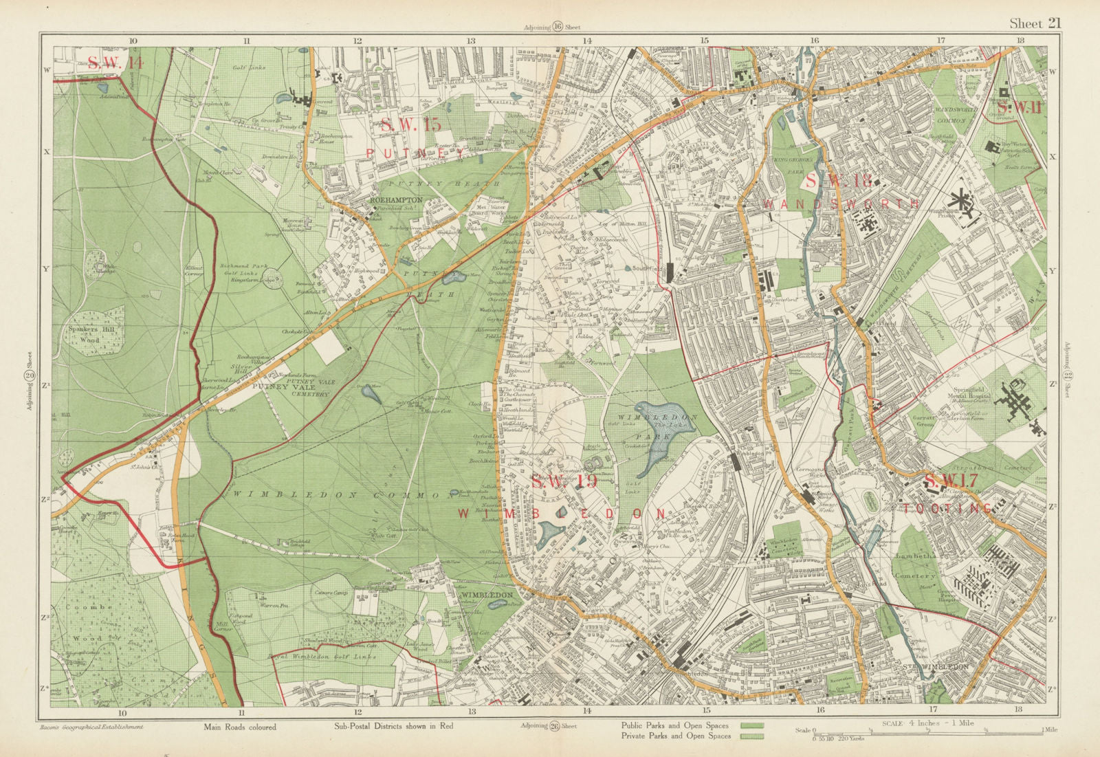 WIMBLEDON. Putney Tooting Wandsworth Richmond Park Roehampton. BACON 1934 map